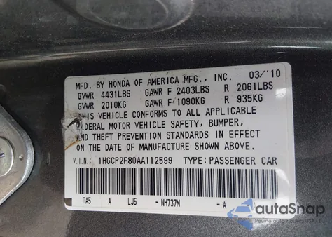 2010 Honda Accord 2.4 Ex-L from USA, damaged, VIN 1HGCP2F80AA112599